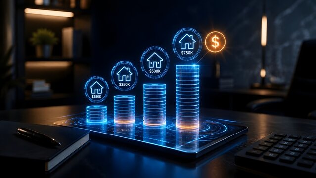 Futuristic digital tablet displaying glowing holographic real estate valuation chart with house prices and coin stacks on modern office desk