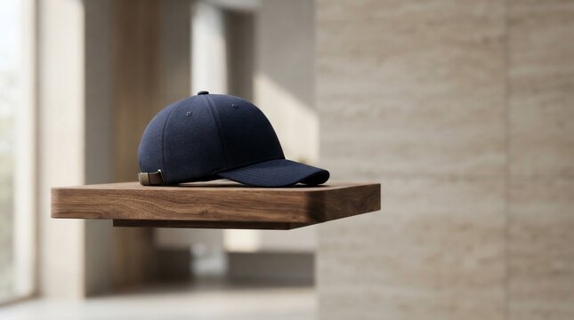 Dark blue baseball cap displayed on floating wooden shelf modern interior