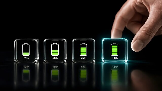Hand selecting a glowing glass cube with full battery icon representing energy efficiency power charging technology and sustainability concept