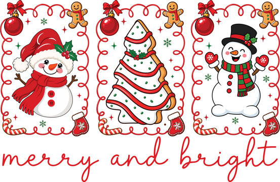  Cute Christmas characters with tree, snowman and gingerbread
