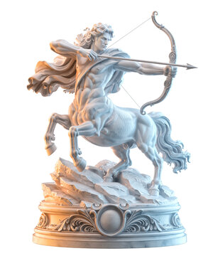 Sagittarius zodiac centaur archer astrology horoscope marble sculpture statue archery depicting a mythological horseman drawing a bow and arrow, isolated on transparent png background