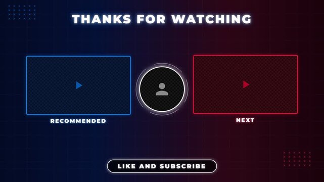 Outro screen template for video ending with recommended and next placeholders and like subscribe buttons