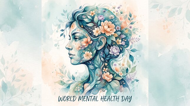Watercolor portrait of a woman with floral elements and abstract background