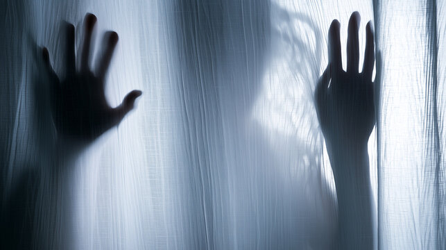 Close-up of pale human hands pushing through a thin frosted fabric from the darkness behind, distorted fingers and vague body shadows creating an unsettling supernatural scene, Hal