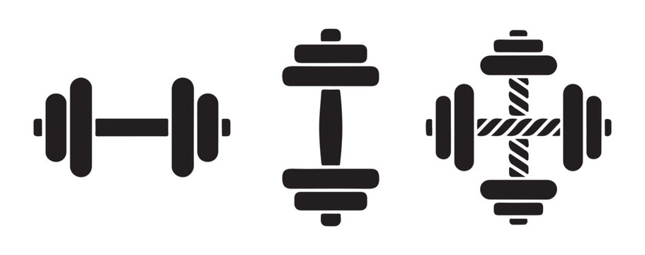 Dumbbells set with black silhouette icons featuring different weight plates used for bodybuilding fitness training.