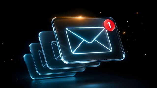 Stack of glowing blue glass email envelopes with a red notification badge on the front representing incoming messages and inbox management
