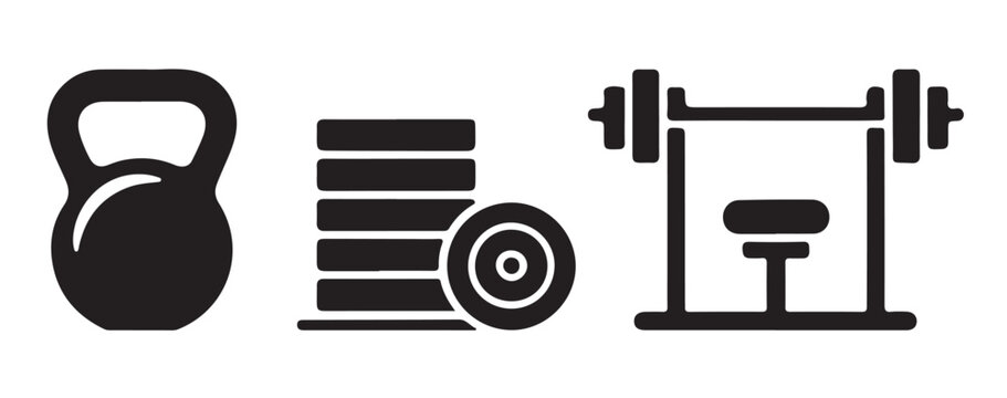 Kettlebell and gym equipment icons featuring weight plates and weightlifting bench for fitness center branding.