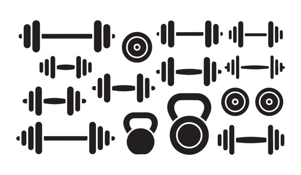 Black silhouette dumbbell and barbell gym fitness equipment set vector collection on transparent background.