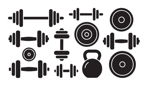 Gym equipment silhouette elements containing dumbbells and weight plates for athletic performance branding.