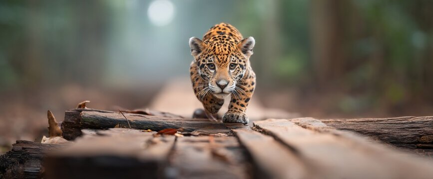Majestic jaguar walks towards viewer on wooden pathway through a misty forest