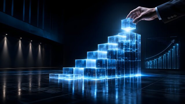 Businessman hand stacking glowing blue transparent cubes forming an ascending step graph representing strategic business growth and financial success
