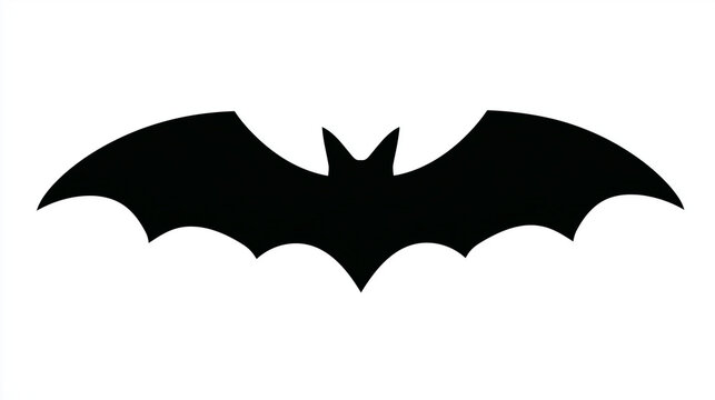 Single flying bat shown as a sharp black silhouette with extended wings and pointed ears centered on a bright white backdrop, Halloween graphic, night creature, creepy icon, gothic