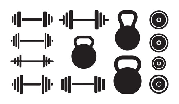 Black barbell kettlebell and weight plate icons set for professional gym and strength training equipment.