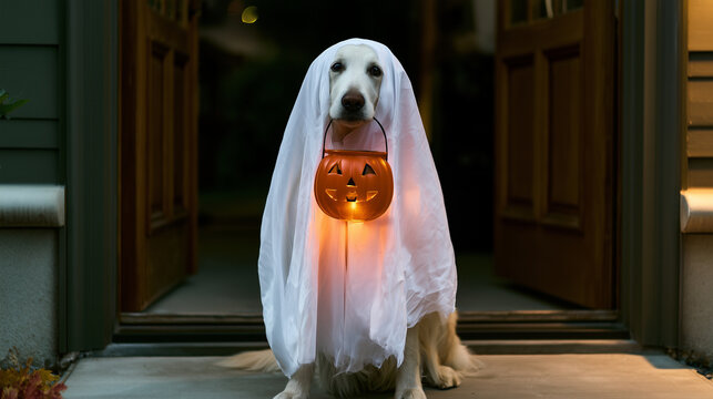 Front-facing dog wearing a simple white ghost costume and carrying an illuminated pumpkin basket in its mouth while waiting at a house entrance, Halloween pet, trick or treating, c