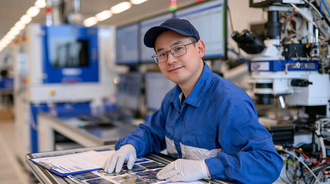QC engineer monitoring semiconductor production infrastructure through multiple digital control displays while inspecting silicon wafers, advanced photolithography chamber and automated wafer handli