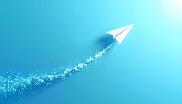 White paper airplane flying upward through a bright turquoise background with a sparkling trail, symbolizing digital communication, progress, ambition and forward movement.