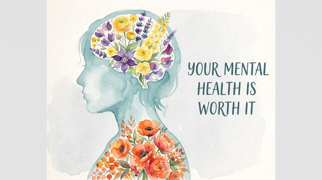 Watercolor illustration of a human head filled with colorful flowers and foliage