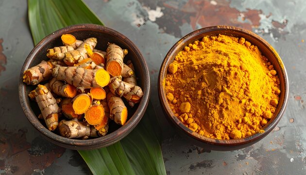 Fresh turmeric rhizomes and vibrant turmeric powder in rustic wooden bowls on textured background