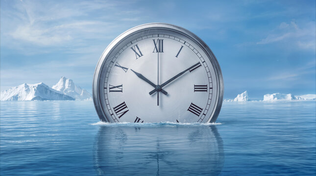 Large analog clock sinking in arctic ocean water. Surreal concept of time passing and climate change impact on polar regions.