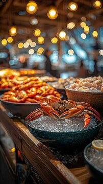 Fresh seafood buffet display with crab, shrimp, and lobster on ice.