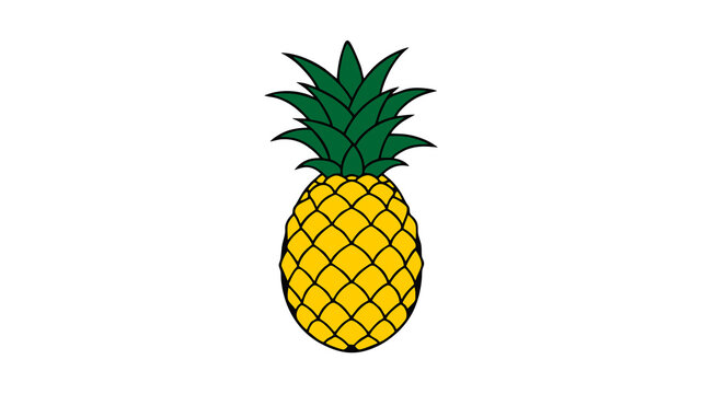 Cartoon illustration of a ripe yellow pineapple with fresh green leaves.