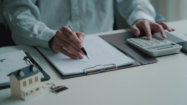 financial advisor evaluates house valuation and mortgage loan in an office