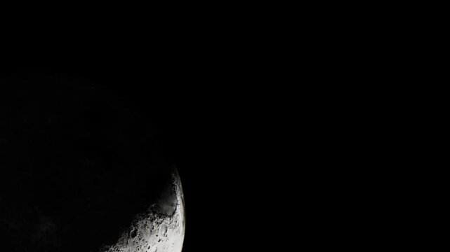 A close view of the moons surface taken from space shows craters and shadows. The black sky surrounds the moon, highlighting its features during nighttime.