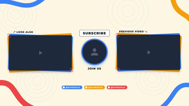 Abstract concept for video outro end screen template with subscribe button and social media placeholders for creators