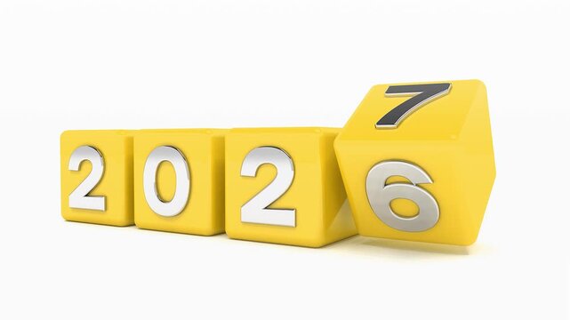 Video animation of black cubes and the years 2026 and 2027 in orange on a white background - represents the new year 2027 - vacation concept.