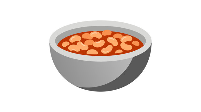 Savory baked navy beans simmered in rich tomato sauce inside a grey bowl, vector graphic for traditional English breakfast designs, hearty legume stews, and nutritious plant-based vegan pulse recipes