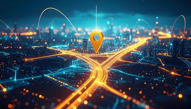 Golden location pin hovering over a glowing digital road network, with illuminated pathways extending across a futuristic landscape, symbolizing navigation, route planning, connectivity, and...
