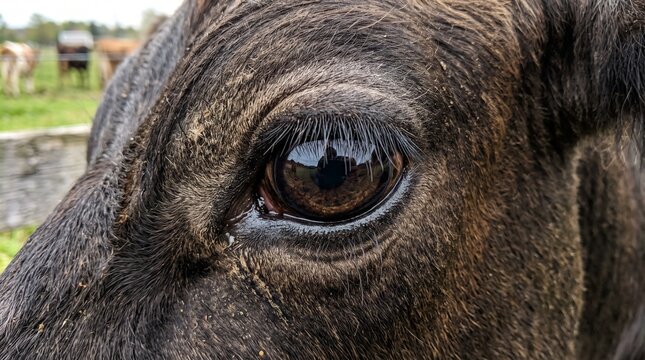 Extreme close-up macro portrait of a brown cow's reflective eye