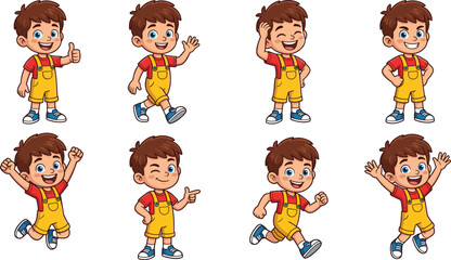 Fototapeta premium Cute cartoon boy character set with different actions poses emotions jumping walking running gesturing vector illustrations isolated on white background