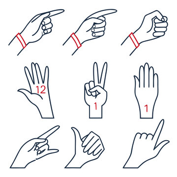 Set of human hands showing various gestures and finger counting signs in line art style with hand positions