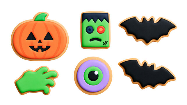 Halloween icing cookies set with pumpkin frankenstein bat isolated on white background
