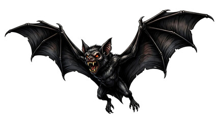Fototapeta na wymiar A scary hand drawn illustration of a flying vampire bat with glowing red eyes and sharp fangs isolated on transparent background