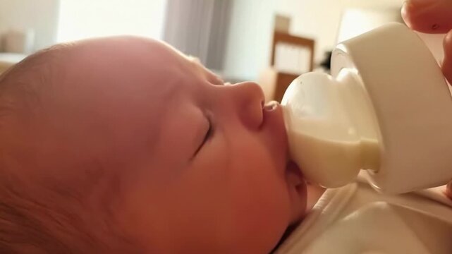 Newborn baby enjoys formula feeding from a bottle while being held in a cozy indoor setting