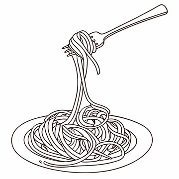 Line art illustration of pasta spaghetti on a plate being twirled with a fork twirling italian food noodles dish