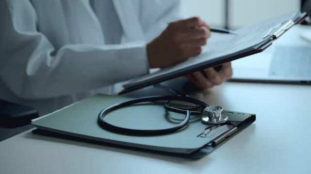 doctor updates medical record documents in a hospital consultation room