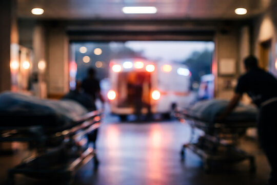 Blurred emergency ambulance entering hospital bay at night with medical staff and lit patient transport corridor