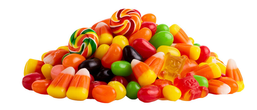 Halloween candy corn mix with colorful lollipops isolated on white
