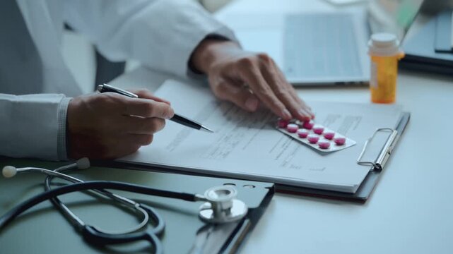 doctor organizes medical record documents at a hospital