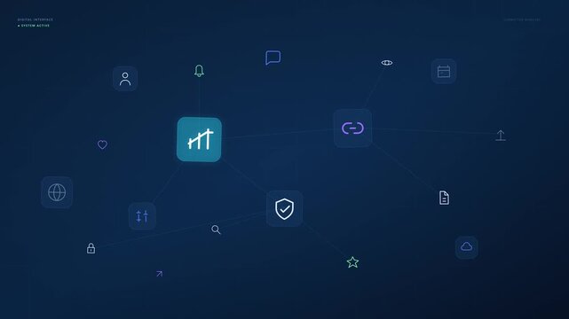 A futuristic digital interface featuring a modular collection of animated, interconnected UI icons with dynamic glowing data signals and staggered motion.