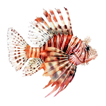 Watercolor illustration of Lionfish, isolated on white background