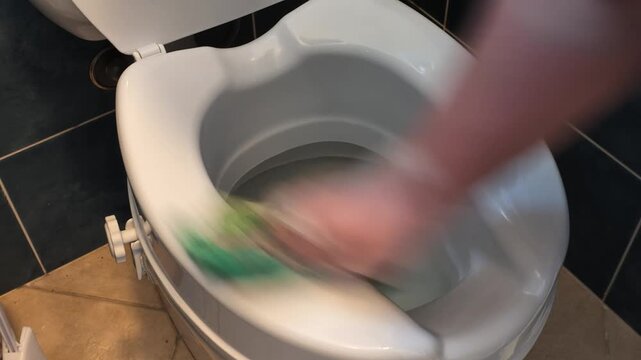 Close up view of a hand wearing a protective glove meticulously cleaning a white raised toilet seat with a green sponge in a bathroom