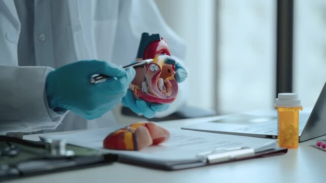 cardiologist explains a heart model to a patient about heart disease in clinic