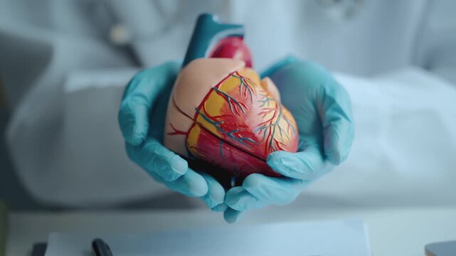 Cardiologist doctor showing anatomical of human heart model
