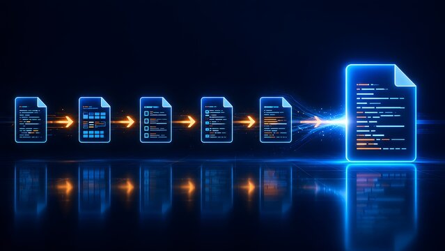 Row of glowing blue digital document icons transforming into one large compiled file with an orange arrow sequence. Concept of electronic data compilation and automated file processing.