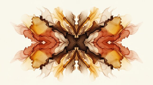 Symmetrical alcohol ink abstract art with warm brown and amber hues creating an organic rorschach pattern on cream