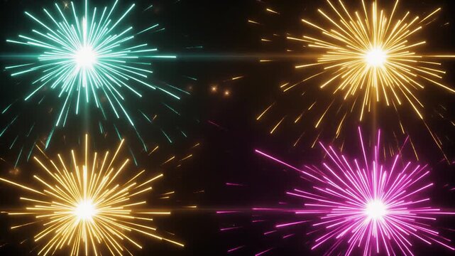 多色の光芒が四隅で瞬く暗背景の光エフェクトと中央のコピースペース